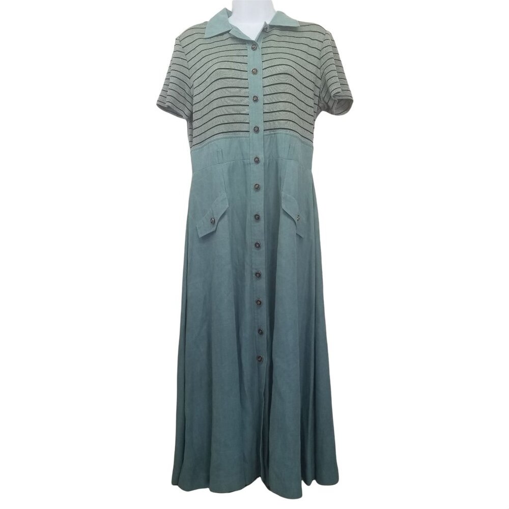 JSJ Petites 12 Vintage 90s Dress Green Stripe Knit Button Down Grannycore Modest